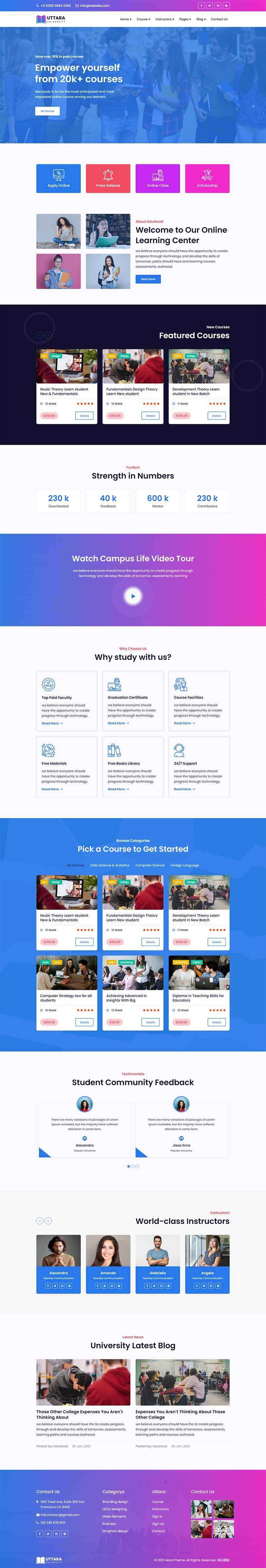 bootstrap响应式大学在线课程网站HTML模板 - 选优云网创