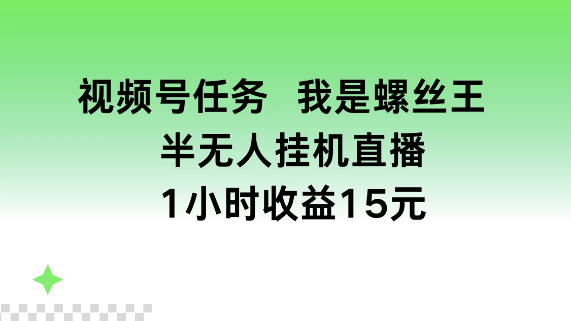 视频号任务，我是螺丝王， 半无人挂机1小时收益15元 - 选优云网创