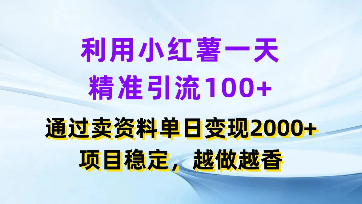 利用小红薯一天精准引流100+,通过卖资料单日变现2000+,项目稳定,越做越香 - 选优云网创