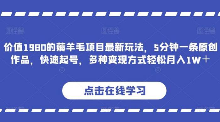 价值 1980 的薅羊毛项目，最新玩法，5 分钟一条原创作品，快速起号，多种变现方式轻松月入 1W+ - 选优云网创