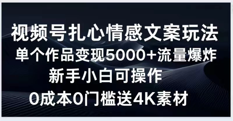视频号扎心情感文案玩法，单个作品变现5000+，流量爆炸，两分钟一条作品，新手小白可操作，0成本0门褴送4K素材送工具 - 选优云网创
