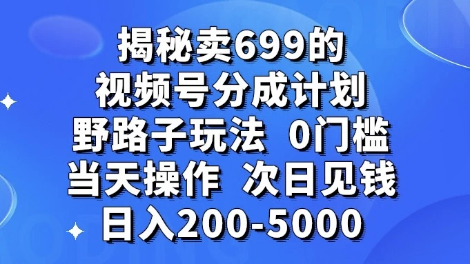 揭秘卖 699 的视频号分成计划野路子玩法，日入 200-5000，0 门槛，当天操作，次日见钱 - 选优云网创