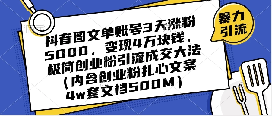 抖音图文单账号 3 天涨粉 5000,变现 4 W,极简创业粉引流成交大法(内含扎心文案) - 选优云网创
