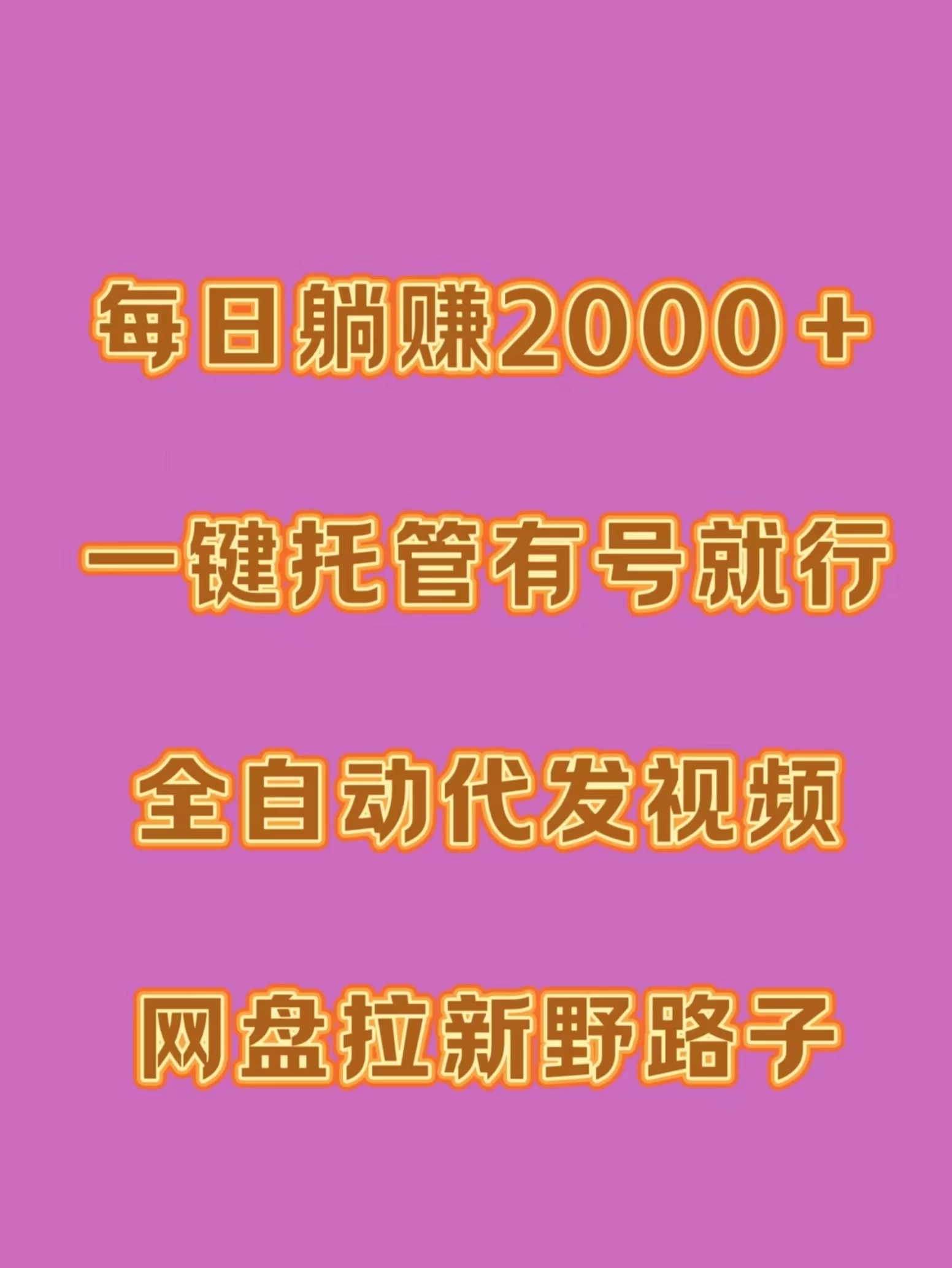 每日躺赚2000＋，一键托管有号就行，全自动代发视频，网盘拉新野路子 - 选优云网创