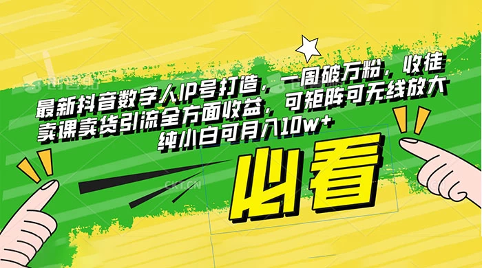 最新抖音数字人 IP 号打造，一周破万粉，收徒卖课卖货引流全方面收益，可矩阵可无线放大纯小白可月入 10w+ - 选优云网创
